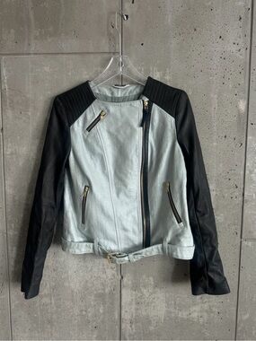 Mackage Black and Light Silver Two-Tone Leather Moto Jacket